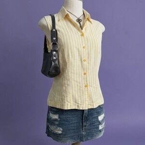Butter Yellow Top Striped 100% Silk Sleeveless Button Down Top Size 6 Small